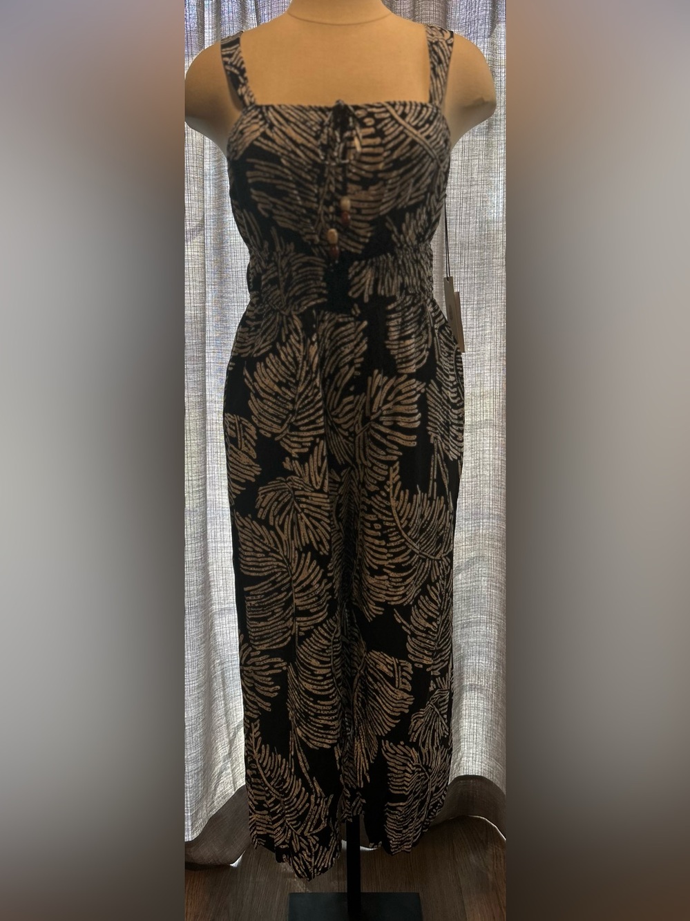 june & hudson Black Wide Leg Jumpsuit with Tan Leaf Print